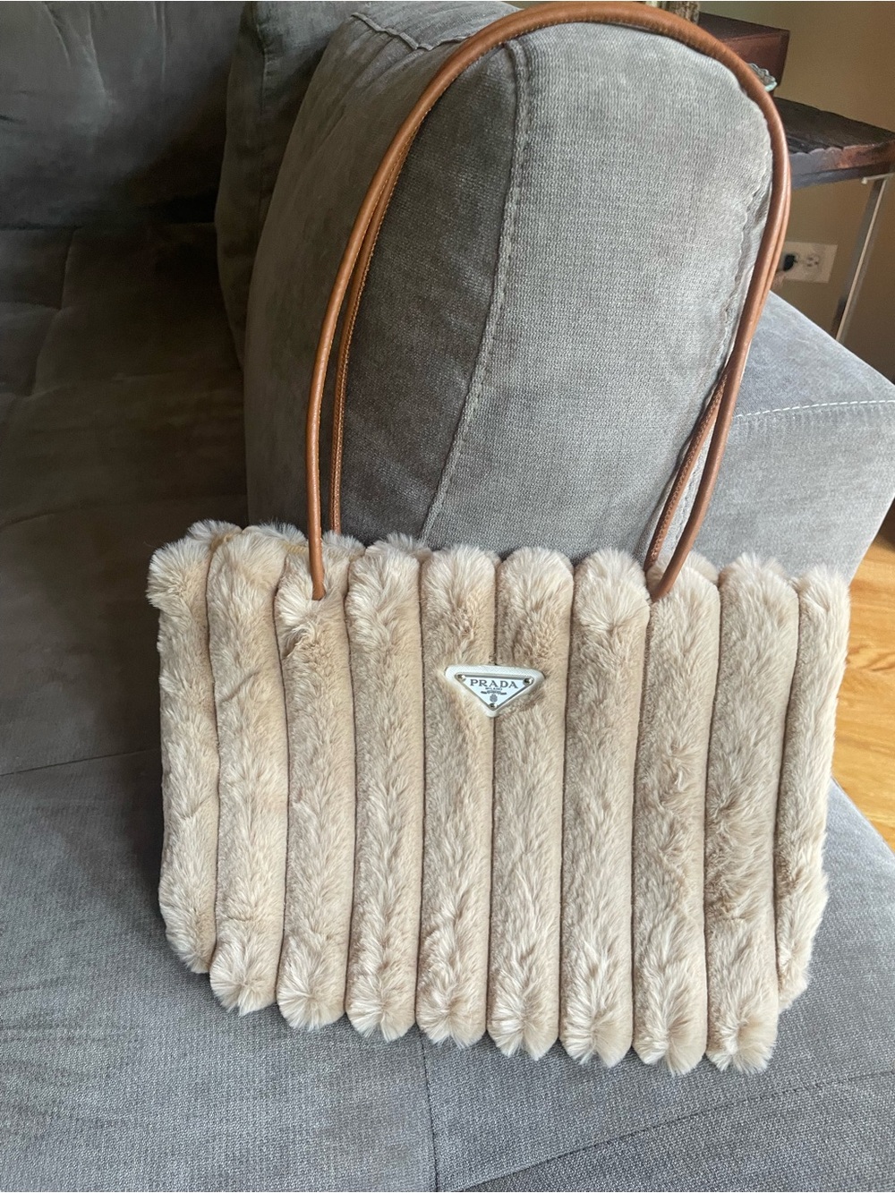 Prada Beige Faux Fur Shoulder Bag with Brown Leather Handles